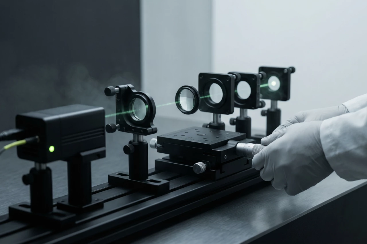 Optisches Labor-Setup auf einer Schiene mit Laserquelle, Linsen und Blenden; eine gloved Hand justiert den Aufbau, während ein grüner Laserstrahl durch die Komponenten geführt wird.