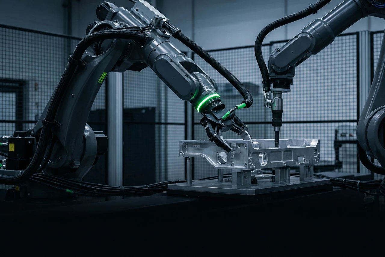 Zwei industrielle Roboterarme in einer Fertigungszelle bearbeiten ein metallisches Bauteil auf einer Vorrichtung; im Hintergrund sind Schutzgitter und eine Werkhalle zu sehen