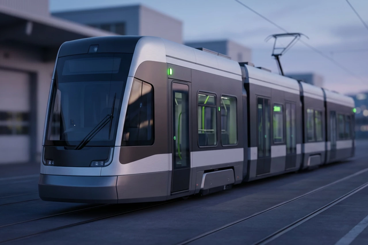 Moderne Straßenbahn in Silber und Grau fährt in der Dämmerung auf Gleisen durch eine städtische Umgebung; große Fenster, Innenbeleuchtung und Oberleitung sind sichtbar.