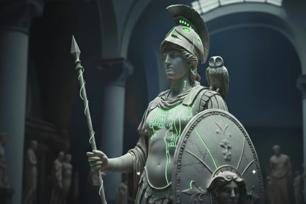 Statue einer antiken Kriegerin mit Helm, Speer und rundem Schild in einer Museumshalle; auf der Figur und dem Schild leuchten grüne, futuristische Linien und Symbole, auf der Schulter sitzt eine Eule.