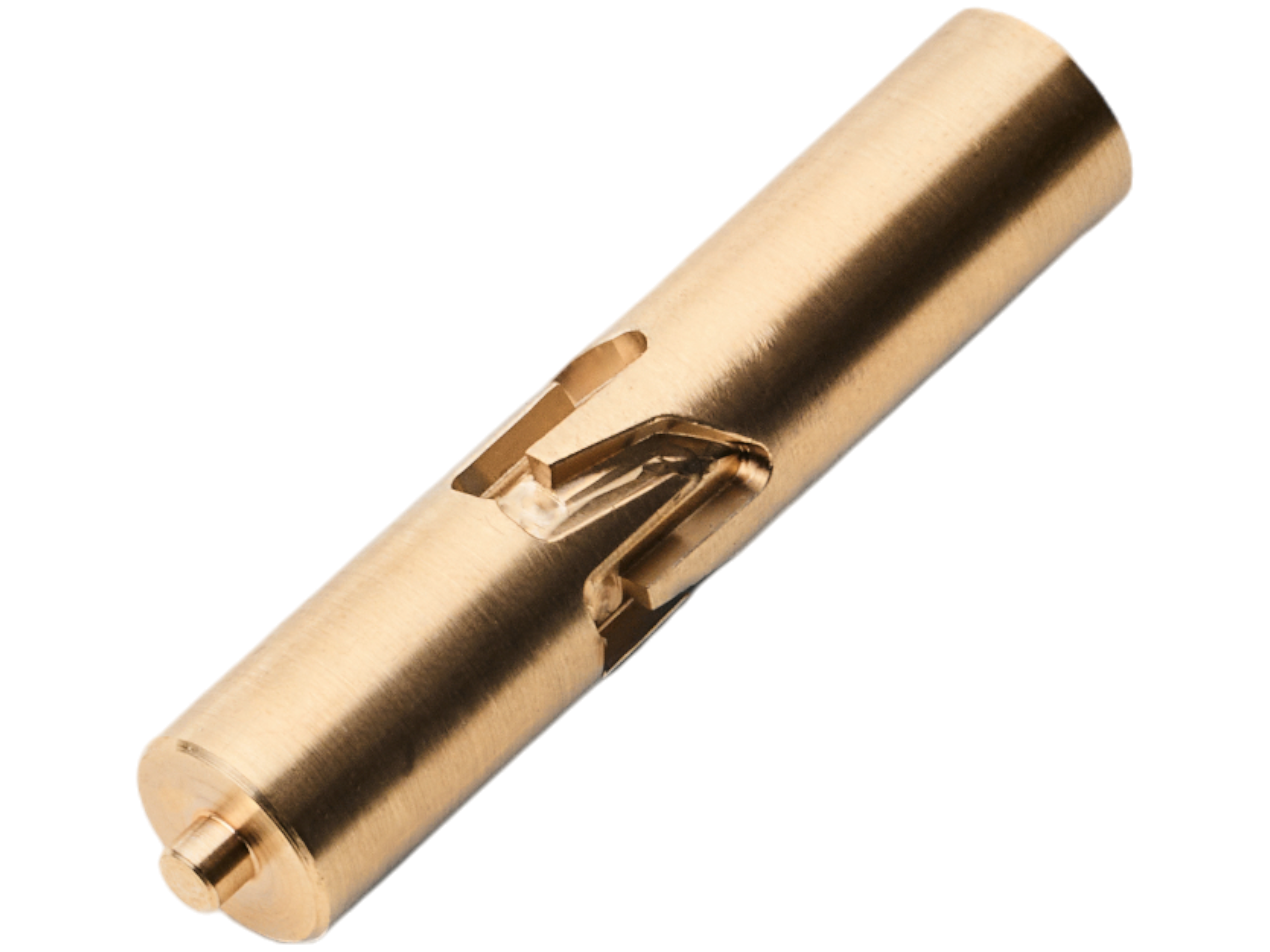 Freigestelltes, präzise bearbeitetes Bauteil aus Messing, gefertigt von hepro production ag. Das Bauteil weist einen zylindrischen Körper auf, kombiniert mit einer ausgeklüge