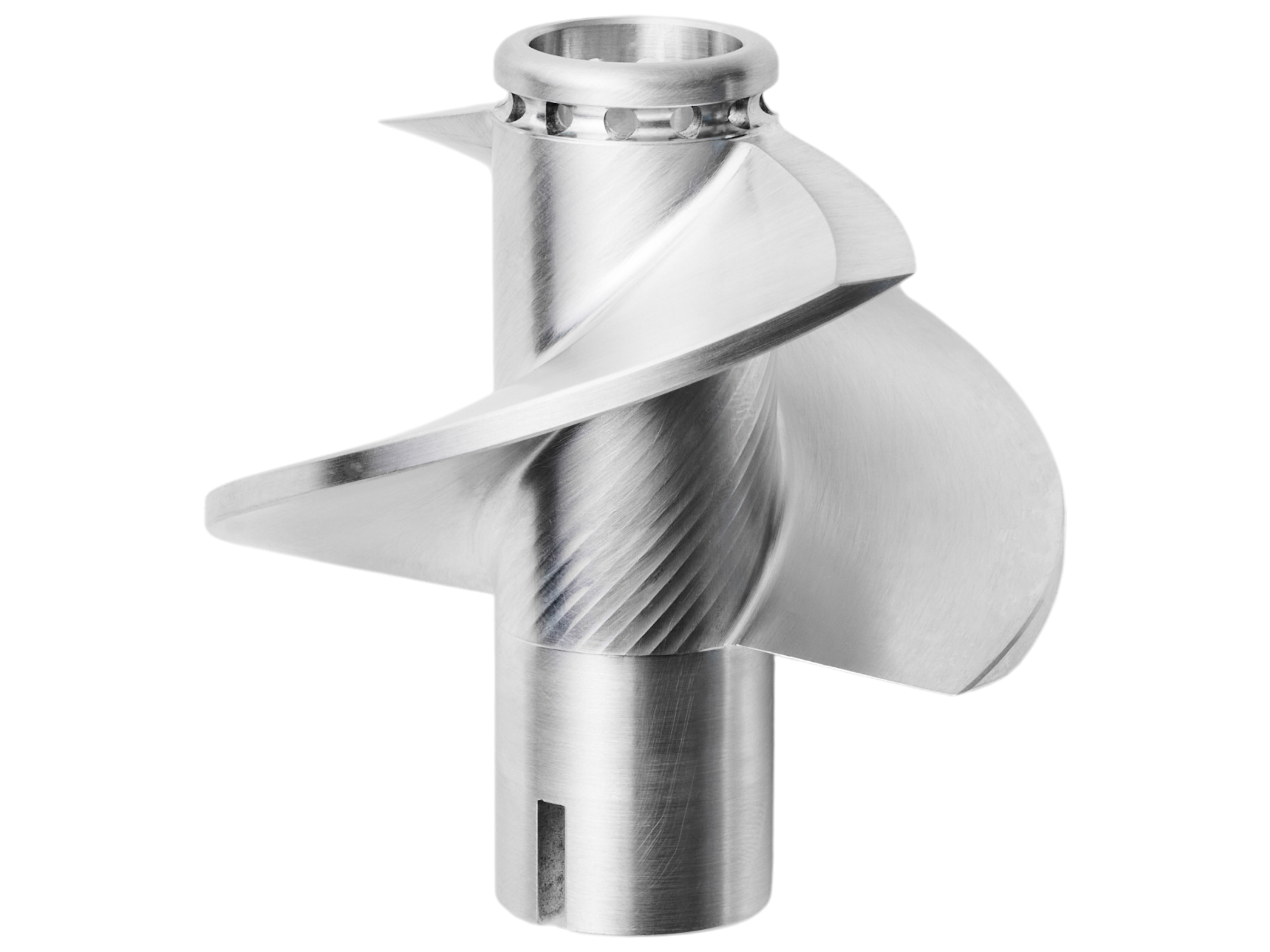 Freigestelltes Bauteil aus hochpräzisem Edelstahl, gefertigt durch hepro production ag. Dieses Spiralbauteil besticht durch seine komplexe Geometrie, die präzise bearbeitet und ideal für anspruchsvolle Anwendungen in der Fertigung oder Maschinenbauindustrie geeignet ist.