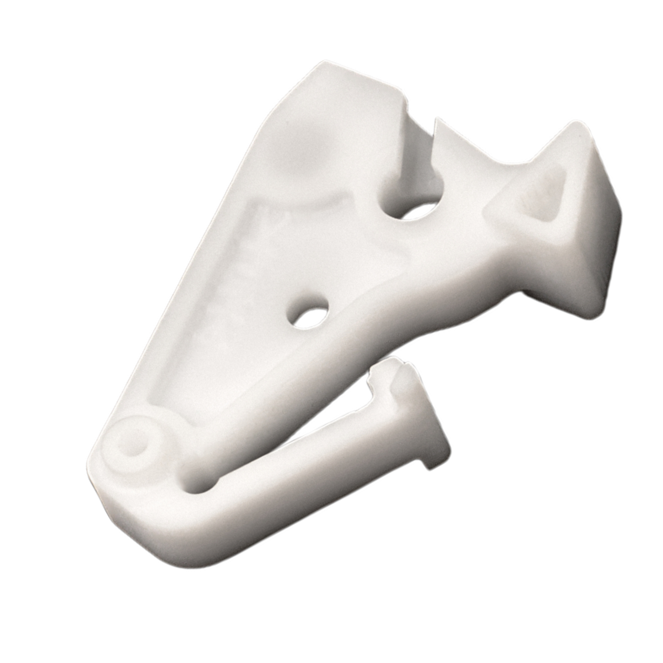 Nahaufnahme eines weißen Kunststoffteils, das präzise geformte Aussparungen und Ecken aufweist. Es handelt sich um ein mechanisches Bauteil, das für CNC-Bearbeitung vorgesehen ist.