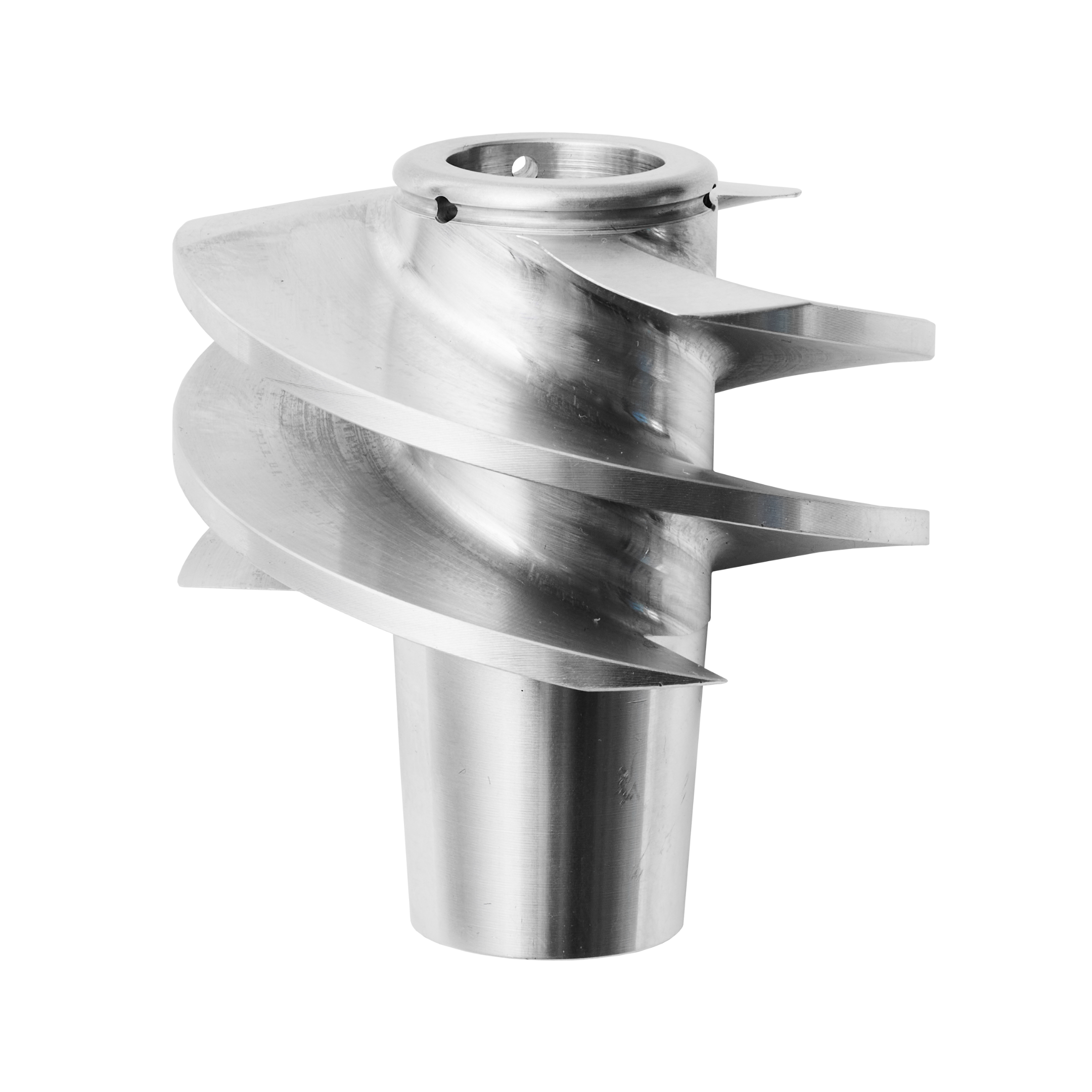 Präzise bearbeitete metallene Schraube mit schräg verlaufenden Flügeln, vermutlich ein Teil eines komplexen Maschinenmechanismus.