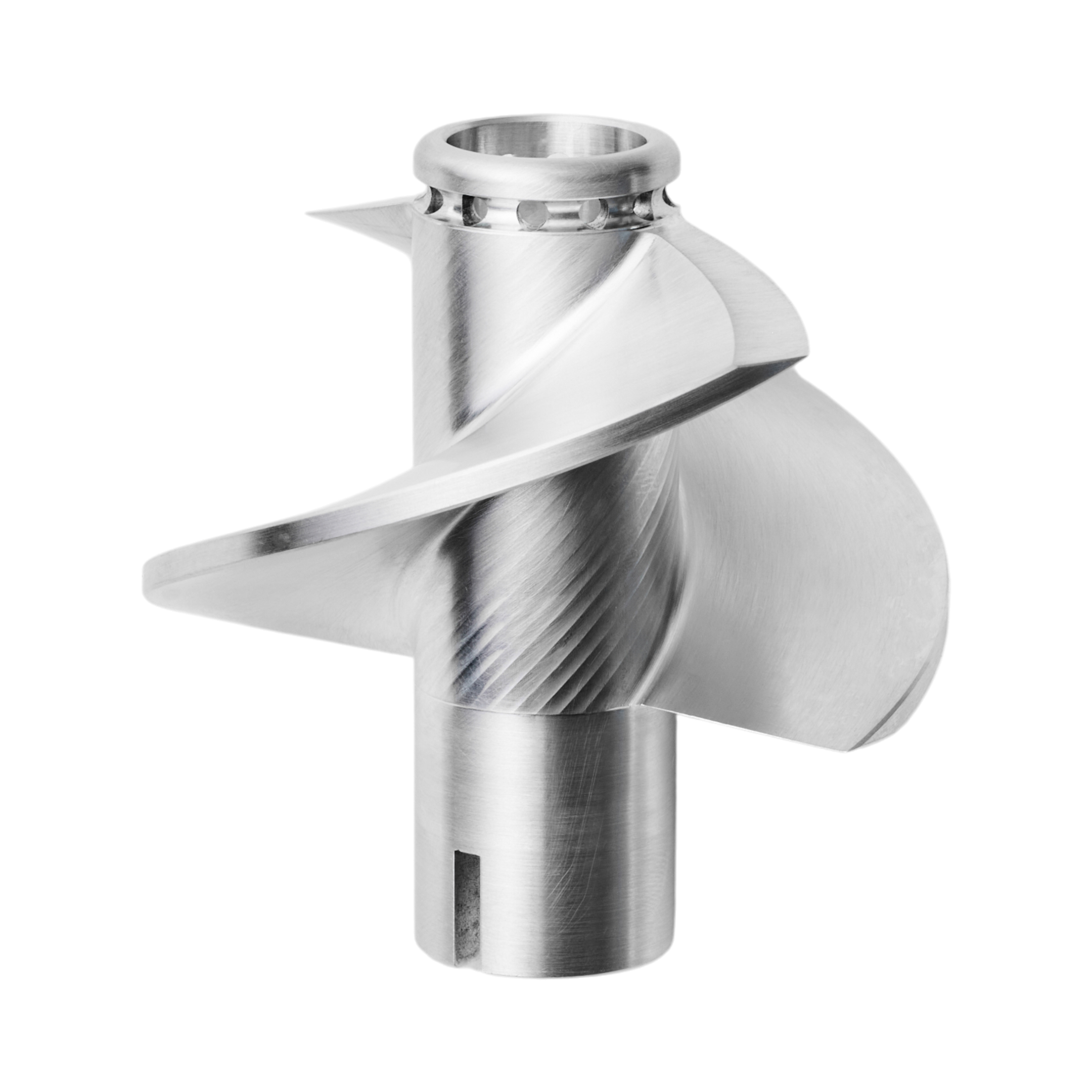 Freigestelltes, CNC-gefrästes Präzisionsbauteil aus Edelstahl von hepro production ag mit spiralförmiger Geometrie, scharf ausgearbeiteten Flügeln und fein geschliffener Oberfläche